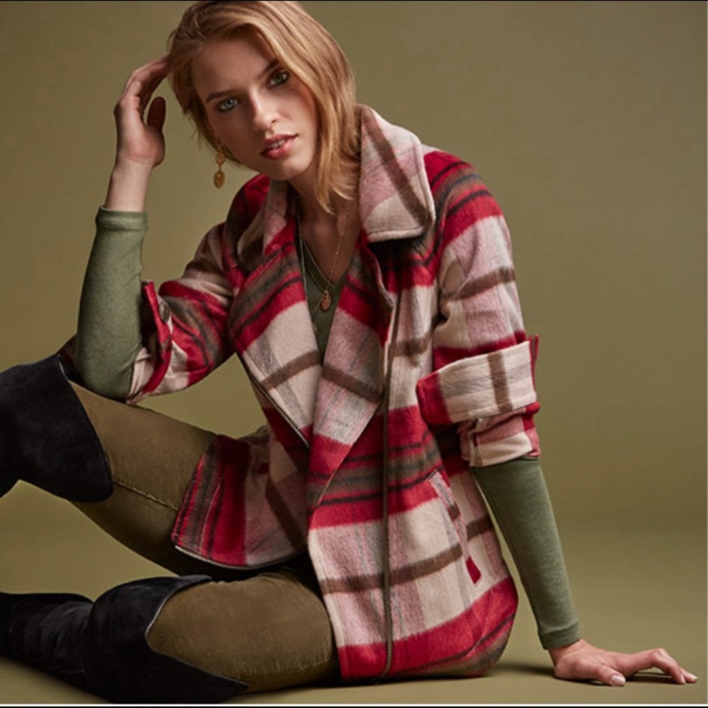 CAbi Style 3678 Limited Ed. Shelter Jacket Soft Red Brown Cream Plaid Size XS